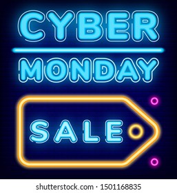 Cyber monday sale vector. Promotional banner with pricetag, deals for shoppers. Business offer for clients and customers of shop. Sign with neon effect. Glowing text and dots flat style illustration