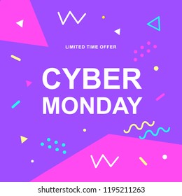 Cyber Monday sale vector web banner. Fashion discount promotional poster template design. 80s style geometric shapes background.