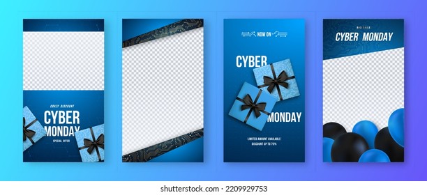 Cyber Monday Sale vertical banner. Trendy Social media Stories template. Realistic gift boxes and air balloons. Techo background.