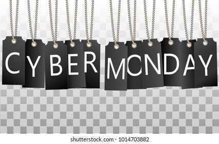 Cyber Monday sale web site display black hang tags.