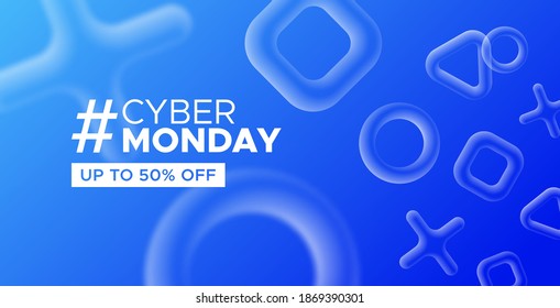 Cyber Monday sale - web template illustration for online store discount or special offer, Technology promotion background with abstract blue 3D geometric shapes.