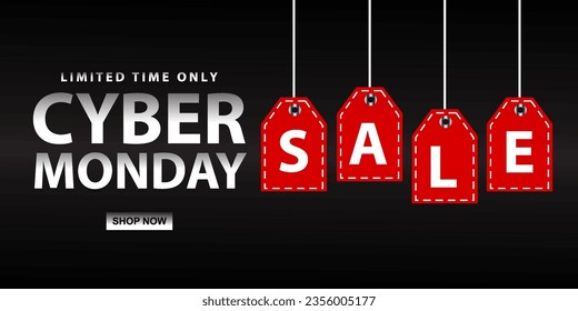 Cyber Monday sale website display with red hang tags vector promotion