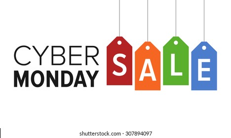 Cyber Monday sale Website mit bunten Hängermarken, Vektorgrafik