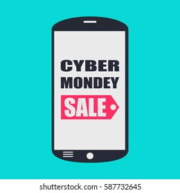 Cyber Monday sale website display on smartphone. Sale tag, label, badge, sticker, flat style Vector, eps10