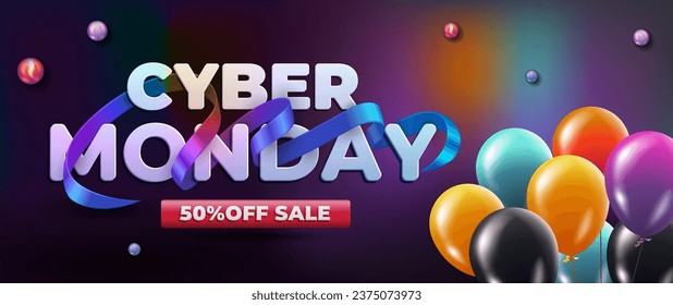 Cyber monday sale white lettering with curve ribbon and balloons. Holiday shopping. Colorful background. Vector illustration. Colorful balloons.