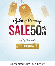 Cyber monday sale winter banner. Cyber monday snowy background with snow and snowflakes. Vector winter illustration