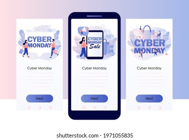 Cyber Monday sales. Tiny people shopping online. Big sale promotion. Special offer price. Advertising discounts. Screen template for mobile, smartphone app. Modern flat cartoon style. Vector 