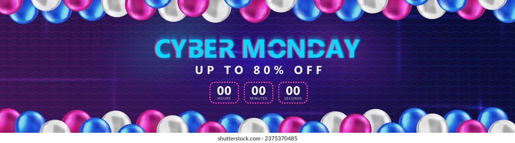 Cartel panorámico de Cyber Monday Sci-fi 80 con cuenta regresiva de venta, globos brillantes en 3d y texto de neón. Promo luminoso encabezado Synthwave, fondo de pantalla retro futurista con temporizador de descuento para compras online