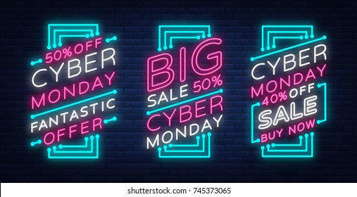 Cyber Monday a set of banners collection in a trendy neon style, a luminous signboard, a nightly advertising advertisement of sales rebates of a cyber Monday. Vector illustration for your projects