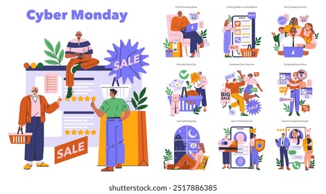 Cyber Monday set. Online shoppers enjoying discounts and deals on a digital sales event. Secure payment, customer support, and family shopping scenes. Vector illustration.