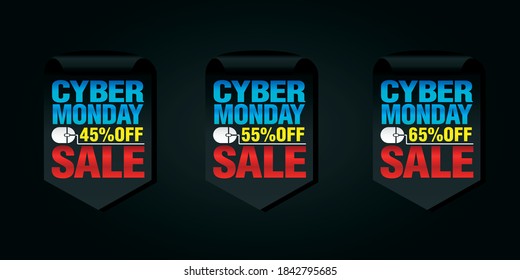 Cyber monday set of sale badges 45%, 55%, 65% off. Vector illustration