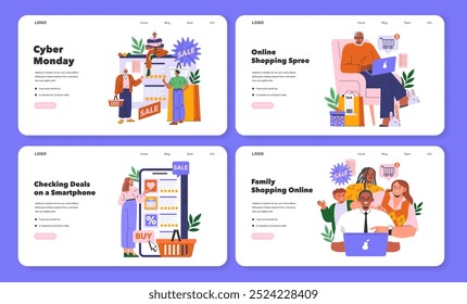 Cyber Monday set. Shoppers engage in online sales, seeking deals on gadgets and enjoying a family e-commerce experience. Vector illustration.