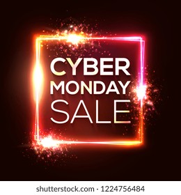 Cyber Monday shopping banner in neon style. Square background with abstract lights and sparkles. Cyber Monday special offer text in glowing rectangle. Colorful sale vector illustration.