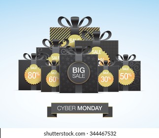 Cyber monday shopping card design, with black gift boxes and golden discount labels.