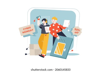 Cyber Monday shopping Sale Illustration concept. Flat illustration isolated on white background.