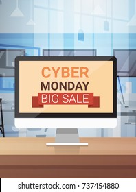 Cyber Monday Sign On Computer Monitor Big Sale Banner Background Design Vector Illustration