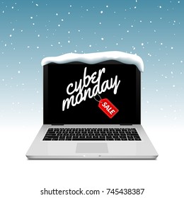 Cyber Monday sign on laptop screen. Vector online sale discount on winter background snow