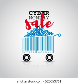 Cyber monday simple card desing with shopping cart barcode. Sale concept. Vector illustration