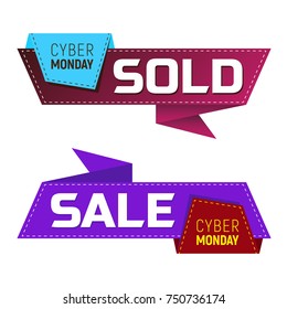 Cyber monday sold and sale banners or labels for marketing promotion. Vector illustration isolated on white background. Perfect to use for advertising design your web site or print publications.