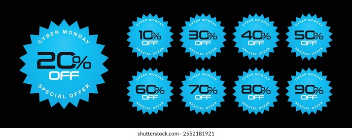 Cyber Monday Special Offer With 10, 20, 30, 40, 50, 60, 70, 80, 90 percent off. icon or label set discount badges. Promotion, price tag design element