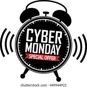 Cyber monday special offer alarm clock black icon with red ribbon, vector illustration 
