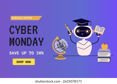 Cyber monday special offer with educational robot and discounts for shopping.