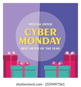Cyber Monday special offer featuring gift boxes, bold text, and vibrant colors. Flat vector modern illustration  