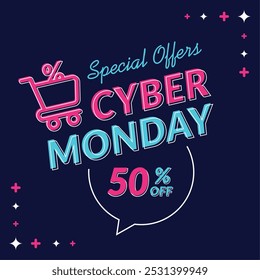 Cyber Monday special offer with neon design and colorful lights, Vector