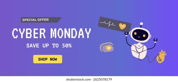Cyber monday special offer with robot theme for online shopping design.