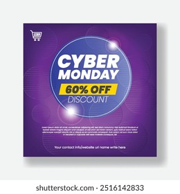   Cyber Monday Special Offer Square Banner Template for Social Media, E-commerce Sale Discount Flyer, and Online Promotional Web Ads Design with modern creative colorful background design