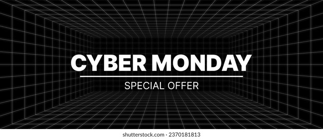 Cyber Monday Special Offer Text 3D Wireframe Room on the Black Background. Vector Perspective Grid. Futuristic VR Game Geometric Backdrop. Box with Digital Cyber Monday Space.