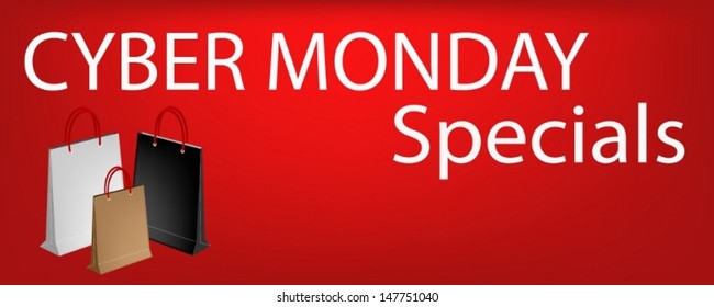 Cyber Monday Special on Red Banner with Paper Shopping Bags, Sign for Start Christmas Shopping Season. 