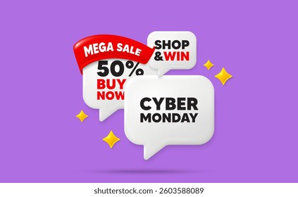 Cyber monday speech bubbles. Mega sale flag ribbon. Cyber Monday Sale tag. Special offer price sign. Advertising Discounts symbol. Discount chat bubbles with 3d sparkles. Vector