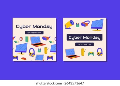 Cyber Monday square banner with colorful electronic gadgets and digital devices. Vector illustration for shopping, tech sale, electronics discount design