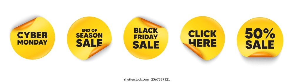 Cyber monday sticker tag. 50 percent discount, Black friday paper price banners. Cyber Monday Sale tag. Special offer price sign. Advertising Discounts symbol. Click here sticker. Vector