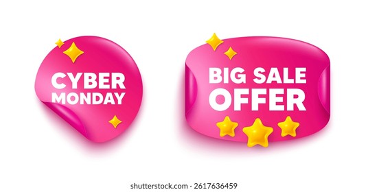 Cyber monday sticker tag. Big offer paper price banner. Cyber Monday Sale tag. Special offer price sign. Advertising Discounts symbol. Discount sticker with 3d stars. Vector