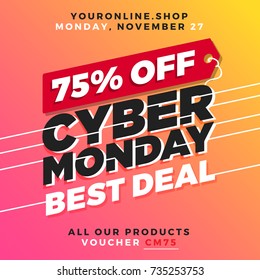 Cyber Monday Super Sale. Up to 75% off Big Sale Sidebar Banner, Poster, Sticker, Badge Advertising Promotion with Price Tag Label Element & Voucher Coupon Gift Code. Fresh Gradient Background Color