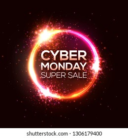 Cyber Monday super sale. Discount card design in neon style. Online shopping, marketing concept. Round shape sale banner vector illustration. Luminous circle signboard. Bright advertising background.