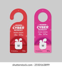 Cyber Monday super sale door hanger template and an advertising door hanger for new earbuds sale with Two Color Variation Design