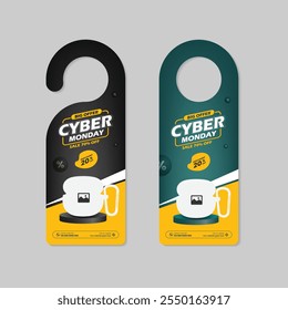 Cyber Monday super sale door hanger template and an advertising door hanger for new earbuds sale with Two Color Variation Design