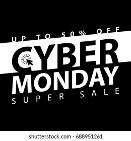 Cyber monday super sale poster. Clearance mega discount flyer template. Big special offer season. Vector digital shop banner illustration.