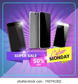 Cyber Monday Super Sale Poster Discounts On Modern Smart Phones Banner Design Vector Illustration