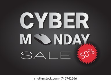 Cyber Monday Super Sale Poster With Computer Mouse And 50 Percent Off Sticker Discounts Banner Design Vector Illustration