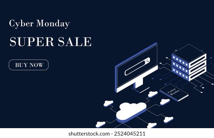 Cyber Monday Super Sale Promotional Banner with Modern Technology Elements – Blue and White Design for E-commerce Discounts and Deals