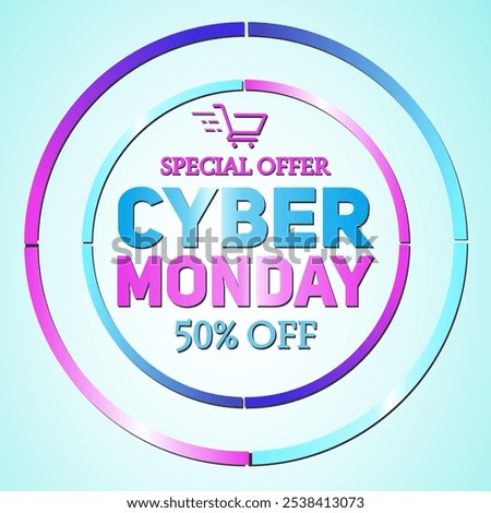 Cyber Monday template design. Cyber Monday 50% off special offer with vibrant circular frame, shopping cart icon, and blue-pink gradient text on a light background. Modern Simple Vector Illustration