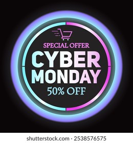 Cyber Monday template design. Cyber Monday promo banner with neon glowing circles and bold text. Special offer 50% off. Modern, vibrant design with pink, purple, and blue accents on a black background