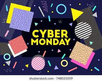 Cyber Monday text banner. Holiday shopping. Memphis pattern. Retro, vintage 80s, 90s style. Vector artwork. Blue, black, pink, yellow, beige, blue, purple colors. Logo, label, branding. Print, poster
