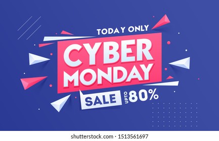 Cyber Monday texto decorado com elementos geométricos 3d e oferta de desconto de 80% para venda.