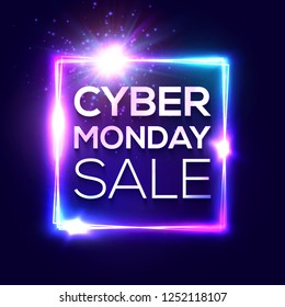 Cyber Monday text inscription in neon style on dark blue background. Square background with abstract lights and sparkles. Discount card for internet online shopping. Colorful sale vector illustration.