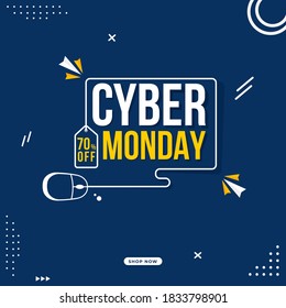 Cyber Monday Text with Line Art Mouse and 70% Discount Tag on Blue Background for Sale,